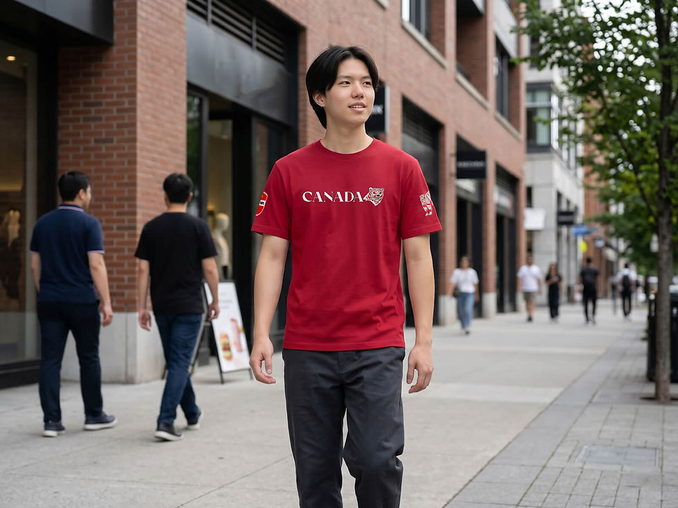 Man in red "Canada" shirt walking on a city sidewalk with others. Brick building and trees line the background, creating a calm, urban scene.