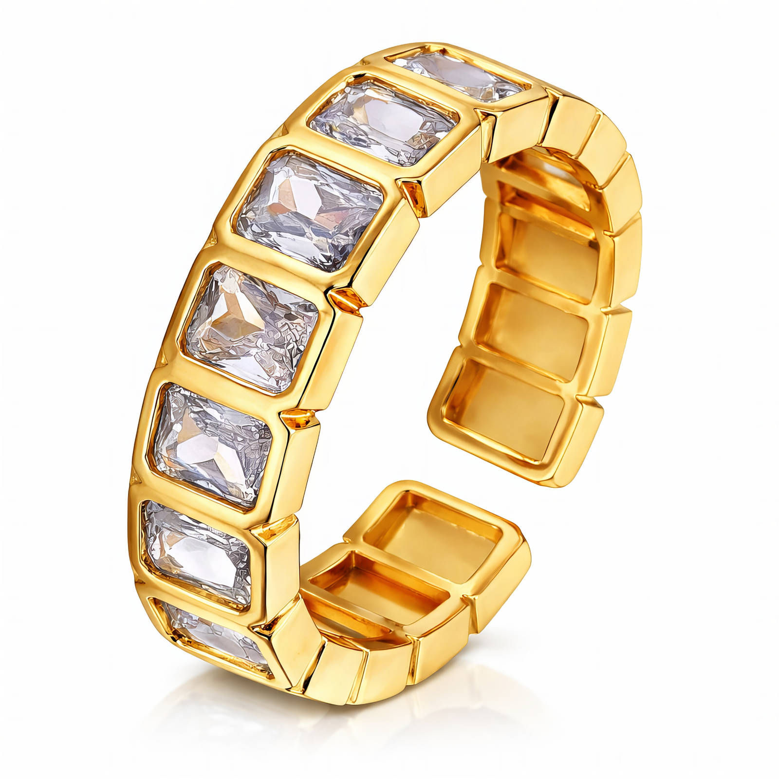 Gold-Plated Stainless Steel Finger Ring with Crystal Inserts