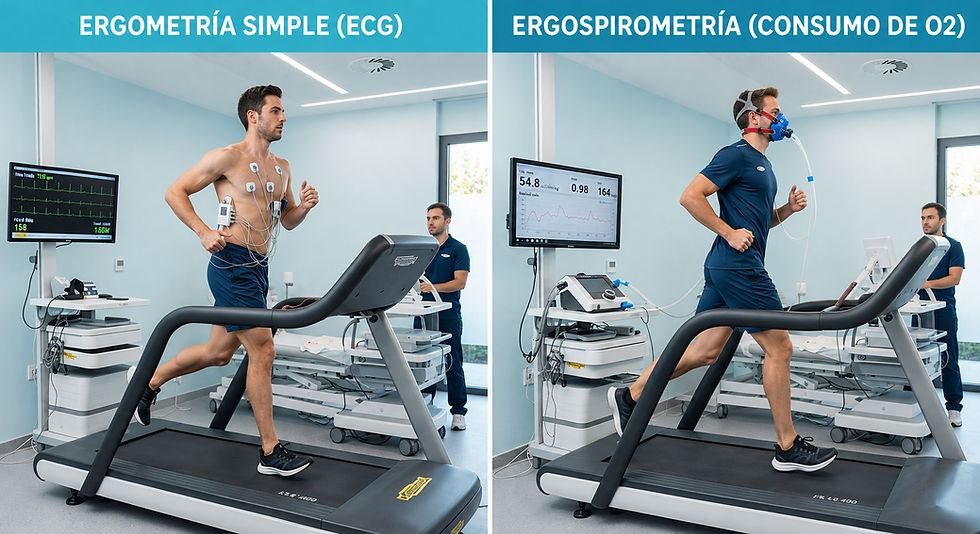 Diferencia entre ergometría simple con ECG y ergometría con consumo de oxígeno con máscara en cinta