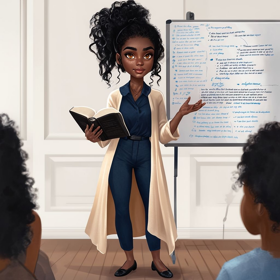 Young woman with curly hair, holding an open bible, presents in front of a whiteboard with notes. Two people listen attentively in a bright room.