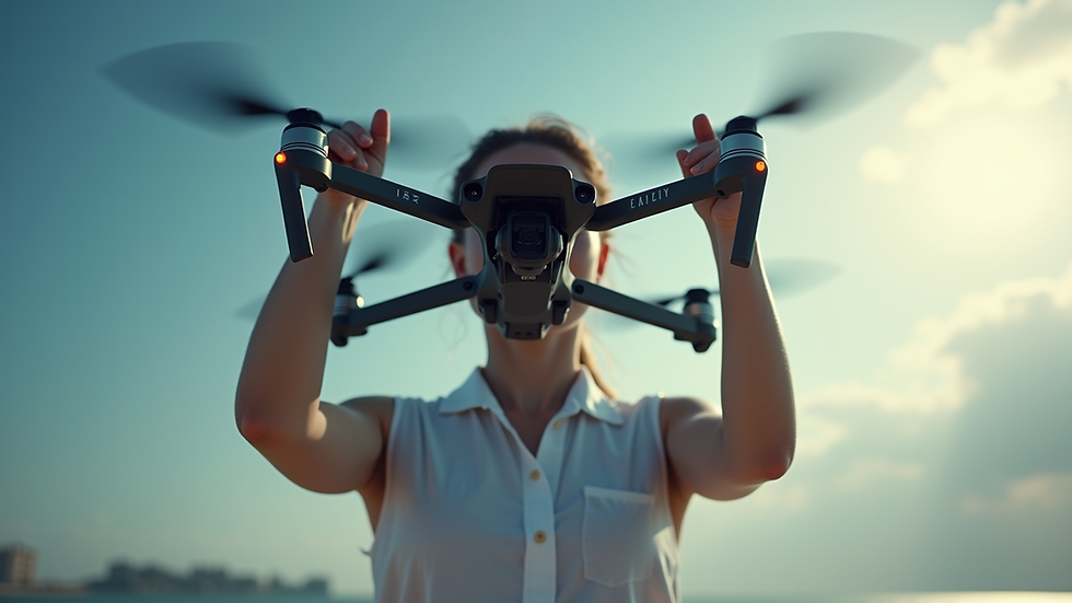 Eye-level view of a female drone pilot preparing her racing drone