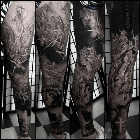 Full Leg Art Recreation Tattoo