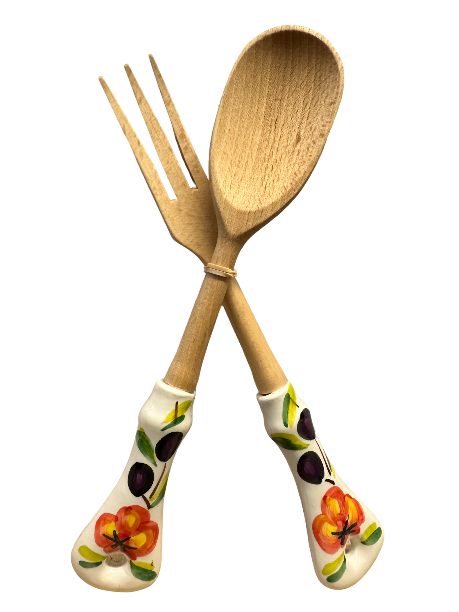 White wooden cutlery with Tomato and Olive decoration