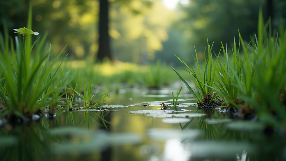 Eye-level view of a serene pond surrounded by lush greenery