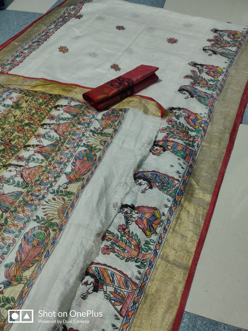 Linen Madhubani Hand painted Saree