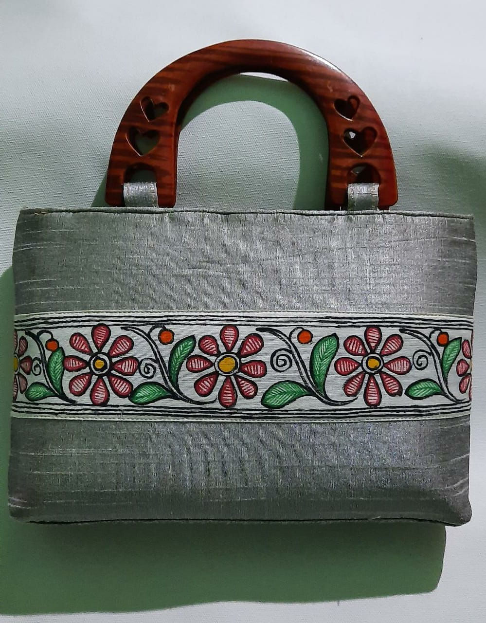 Hand Bag - Art Silk, Madhubani hand painted (11"x7")