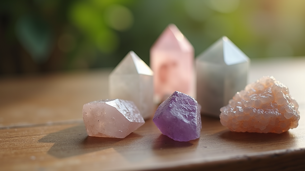 Close-up view of healing crystals arranged on a wooden table