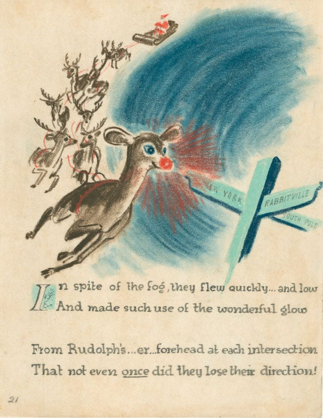 original draft of artwork showing a sleigh with reindeers, Rudolph in the lead, against a deep swirl of blue