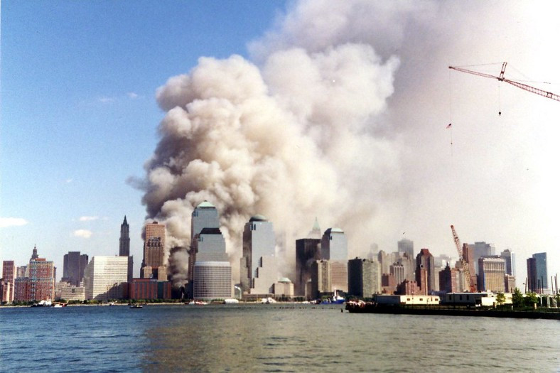 Photo of 9-11 skyline in smoke