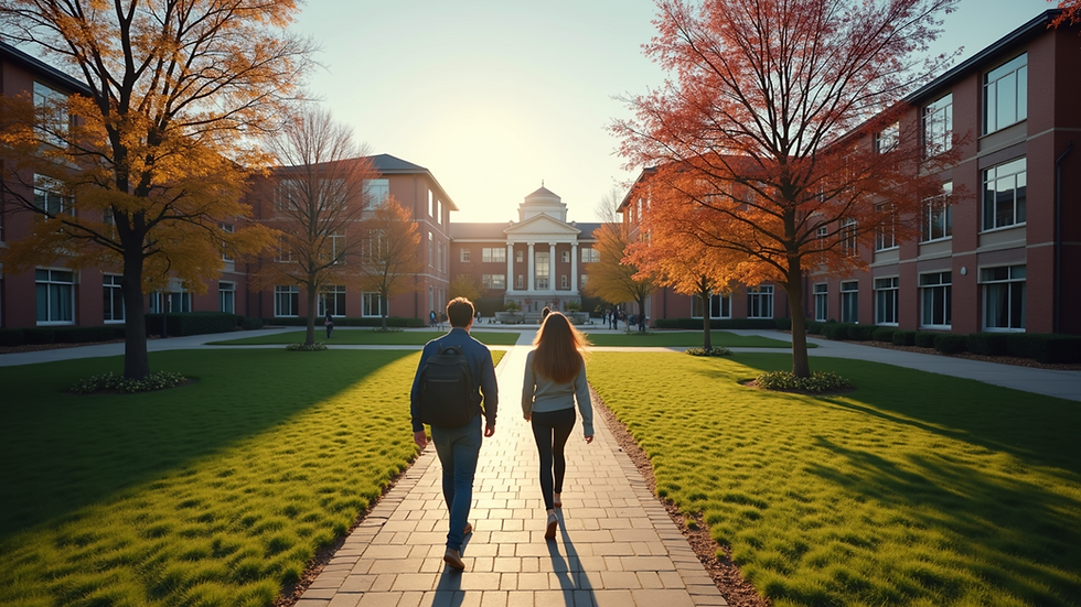 High angle view of a university campus with students walking