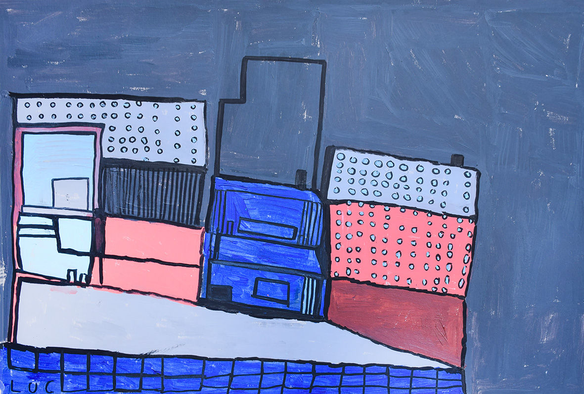 Luc Van Muylder - blauw en roos gebouw met ronde ramen