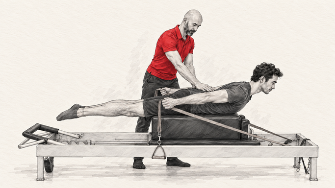 Francisco Benitez assisting a client lying on the box during Pulling Straps on the Reformer