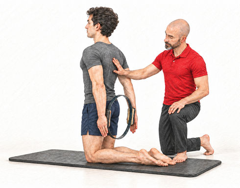 Individual Pilates instruction on a mat, focusing on upright kneeling posture and shoulder alignment.