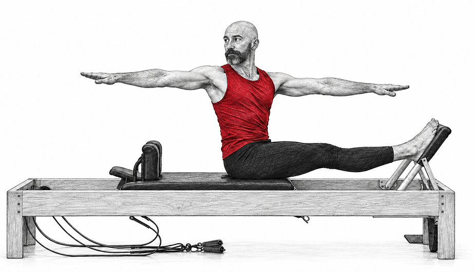 Francisco Benitez demonstrating a seated spinal twist on a Gratz Reformer, with arms extended.