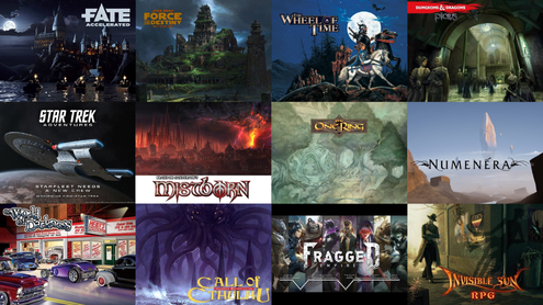Twelve covers of different tabletop roleplaying games. Fate Accelerated, Star Wars Force and Destiny, Wheel of Time, Ptolus, Star Trek Adventures, Mistborn, The One Ring, Numenera, World of Darkness, Call of Cthulhu, Fragged Empire, Invisible Sun