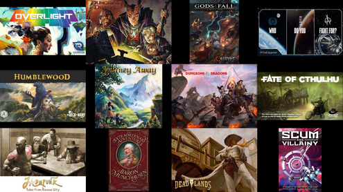 Twelve covers of different tabletop roleplaying games. Overlight, Dungeons and Dragons 4e, Gods of the Fall, The Expanse, Humblewood, Journey Away, Dungeons and Dragons 5e, Fate of Cthulhu, Jadepunk, The Extraordinary Adventures of Baron Munchausen, Deadlands, Scum and Villainy.