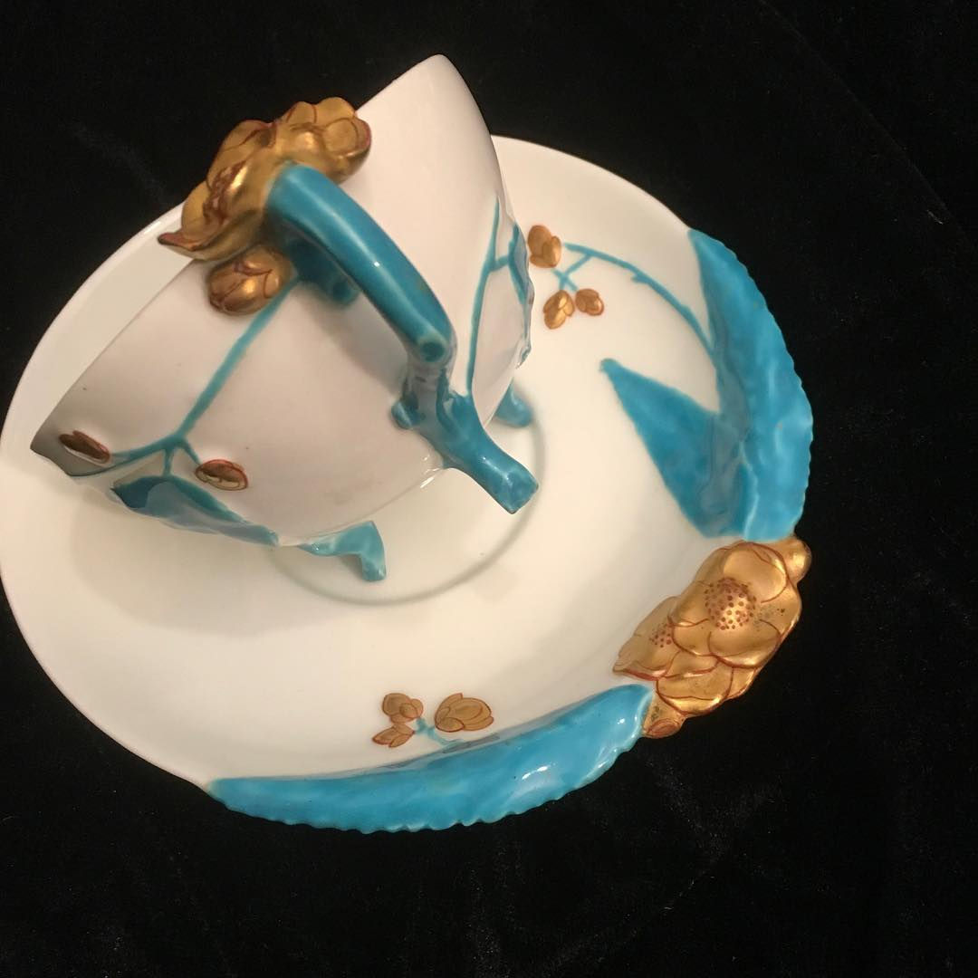 Turquoise blue and gold antique English Brownfield cup & saucer