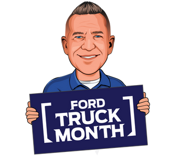 Illustration of a man holding a sign that reads: Ford Truck Month