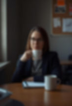 A teacher sits in a quiet lounge with coffee, reflective and a bit guarded.