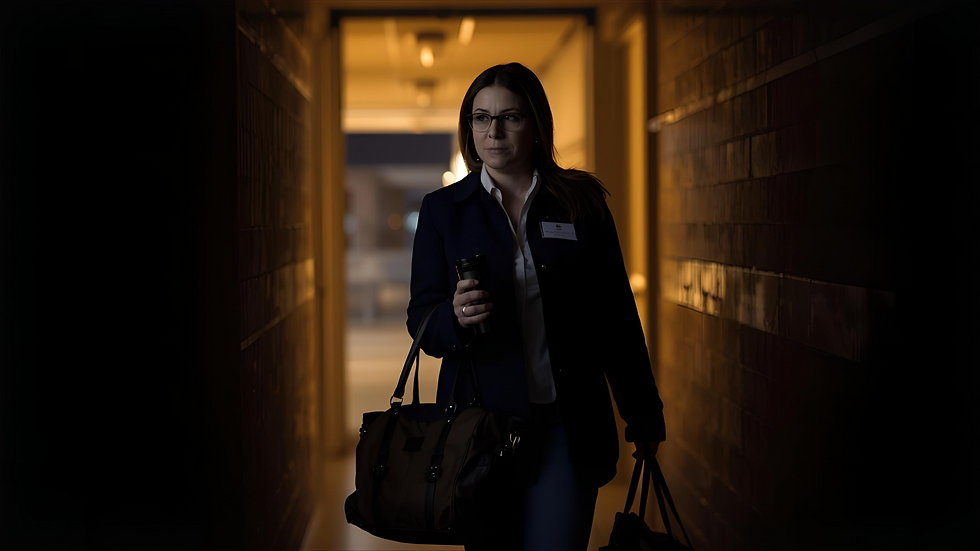 A teacher walks out at dusk with calm purpose, carrying a tote—leaving on time with energy for family and life.