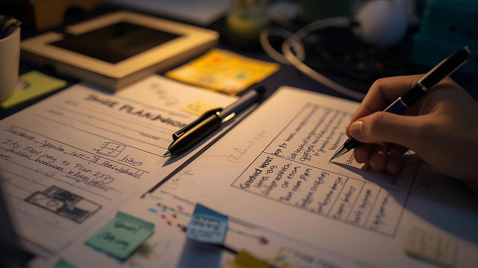 Close‑up of annotated student work and a simple plan under a warm desk lamp.