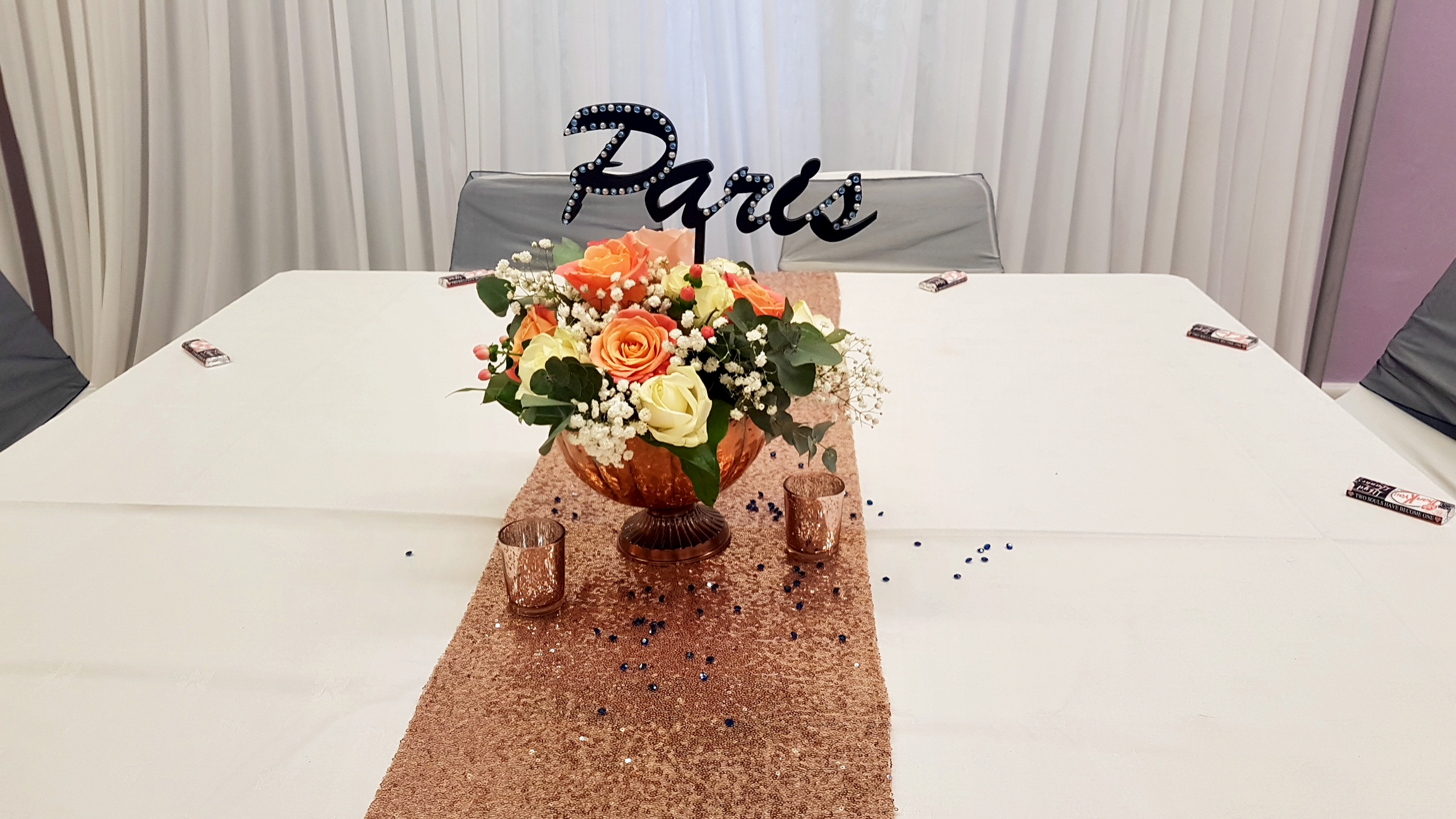 With Fresh Ivory & Peach Roses, Gypsophila and Greenery