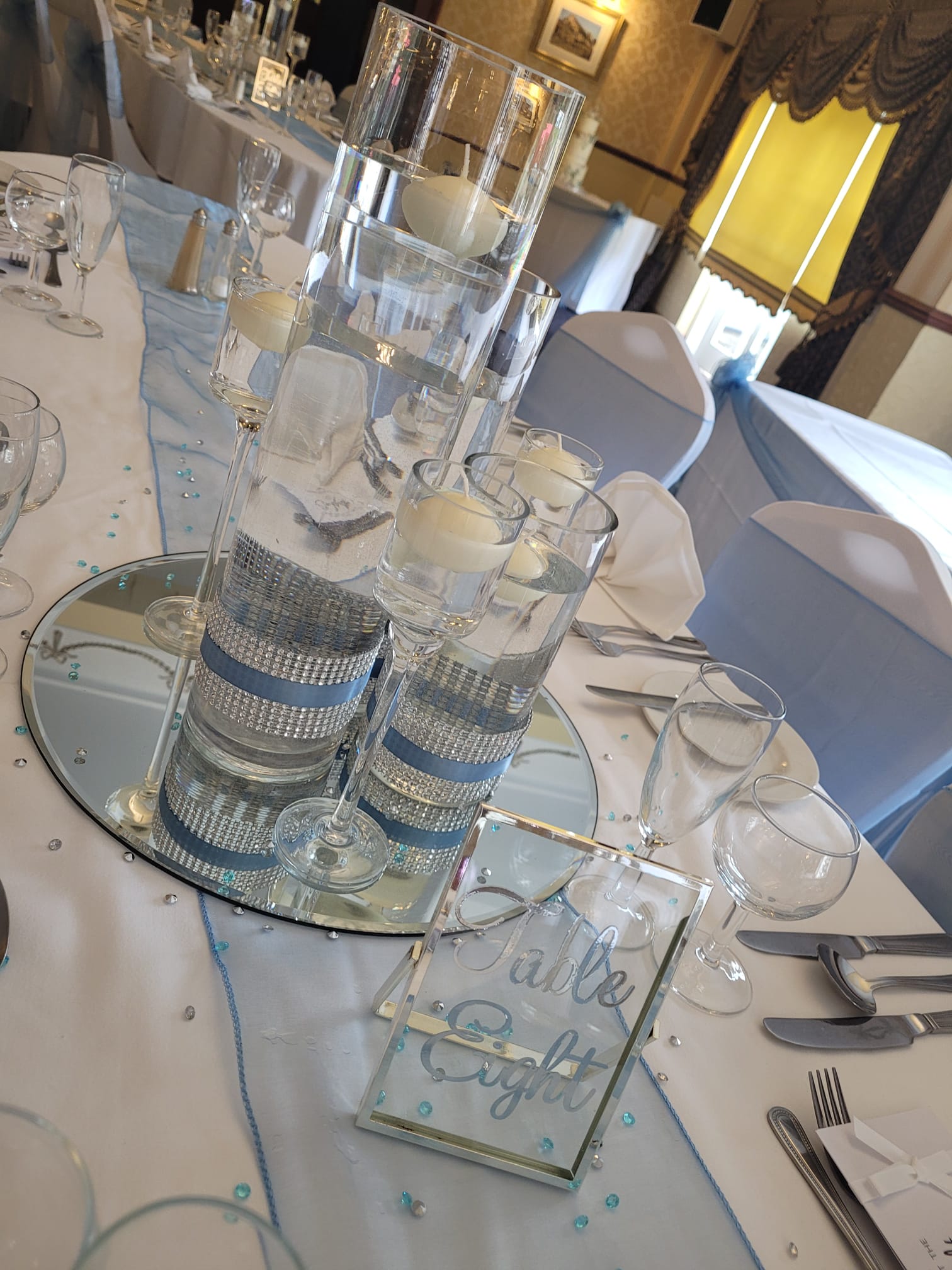 Trio of Cylinders With Silver Diamante Bands & Blue Ribbon