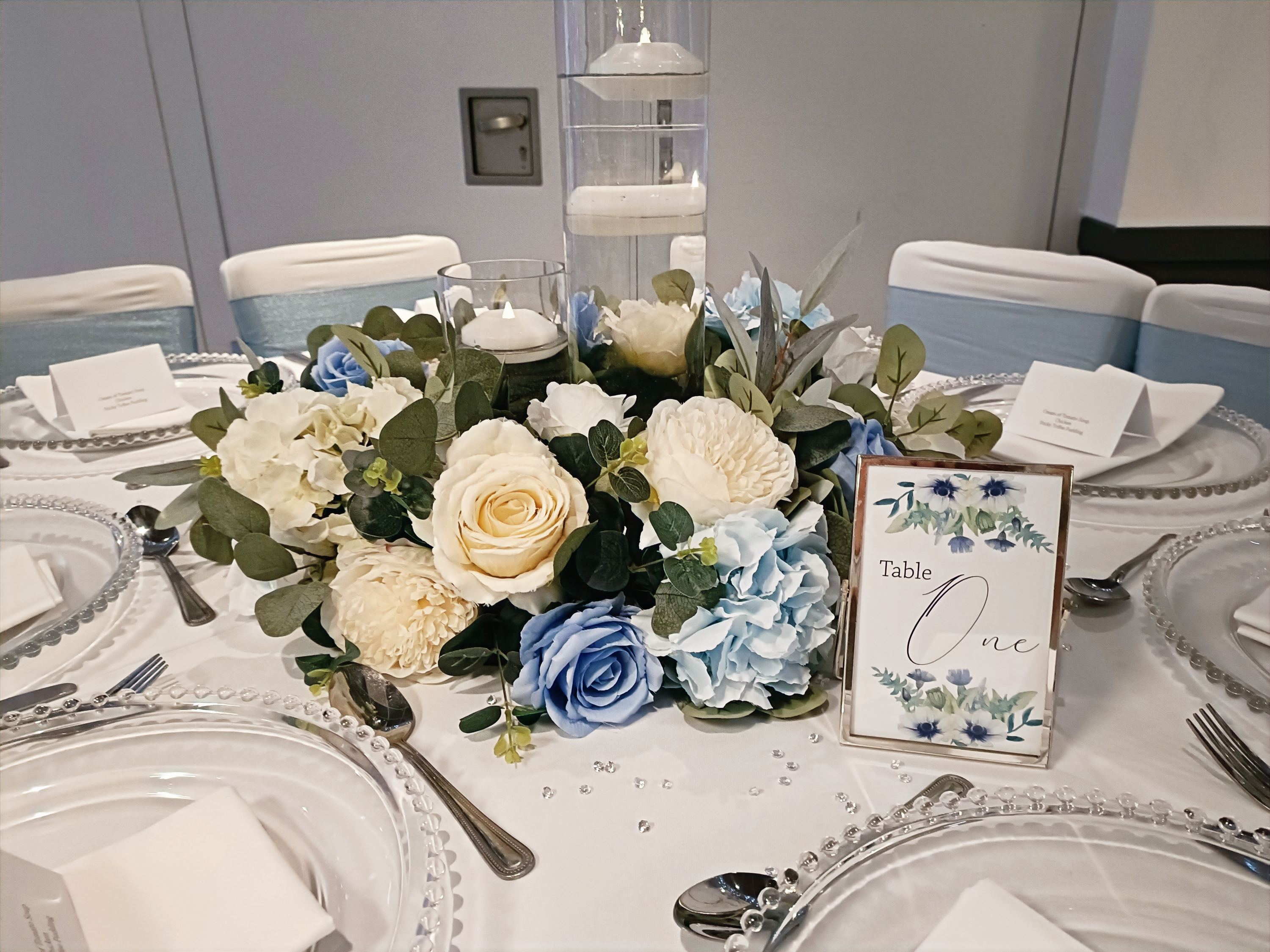 With Artificial Roses, Peonies & Hydrangeas in Ivory & Blue