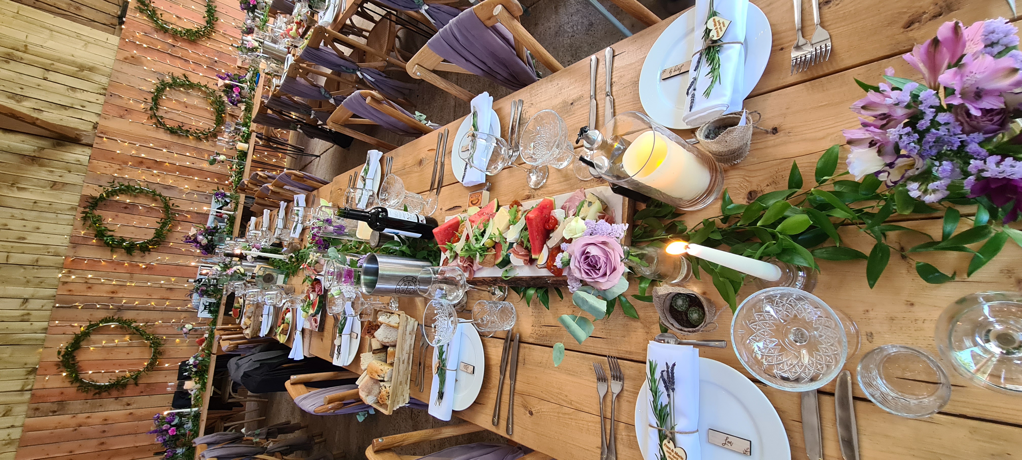 Fresh Ruscus Garlands & Bud Vases of Florals