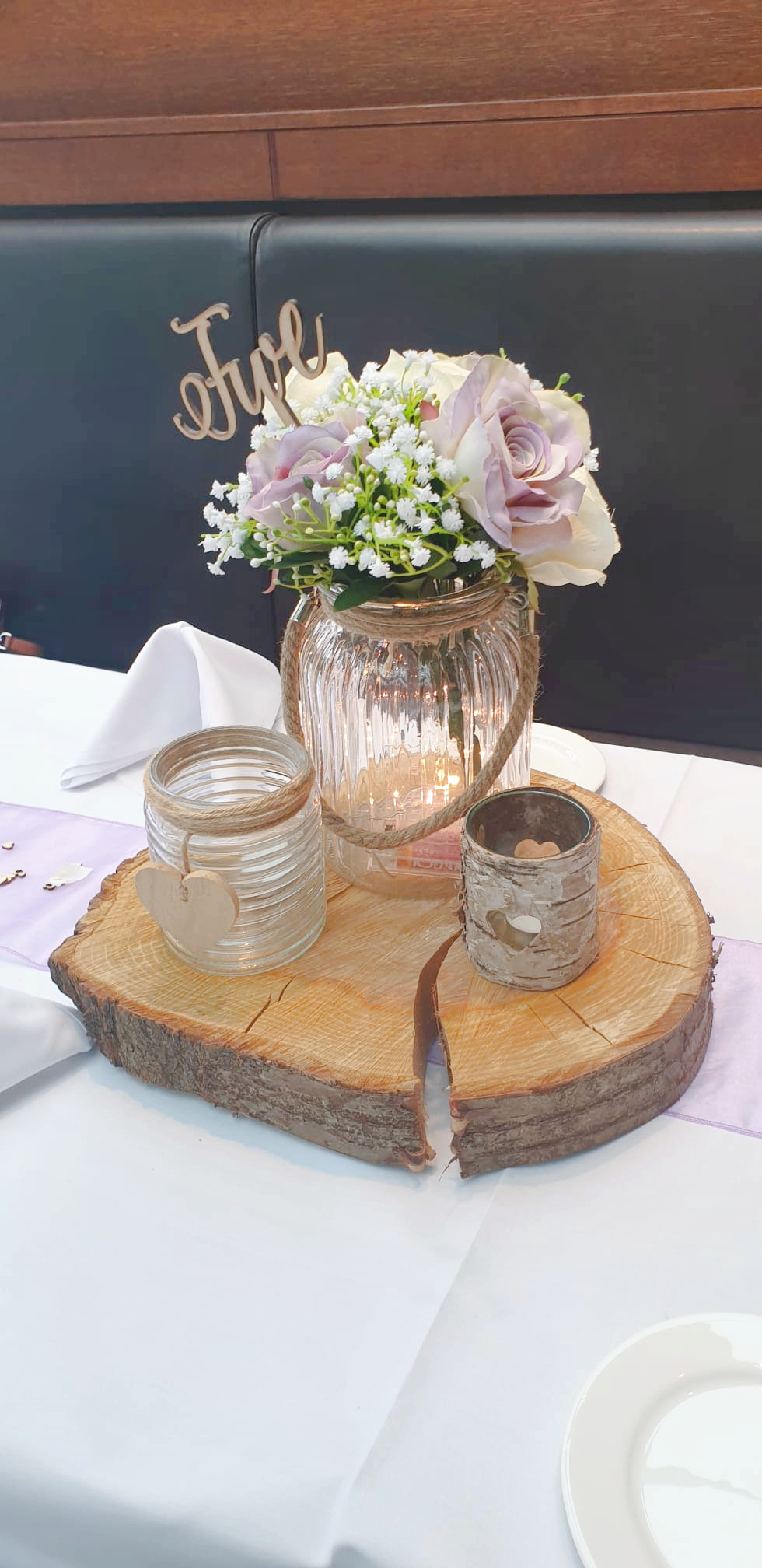 Trio Of Rustic Mixed Centrepiece With Artificial Lilac Roses & Gypsophila