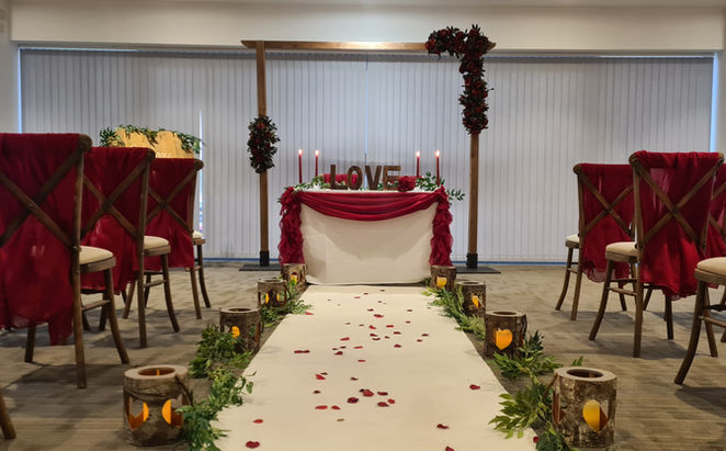 Rustic Arch With Two Artificial Dark Red Peony & Greenery Arrangements