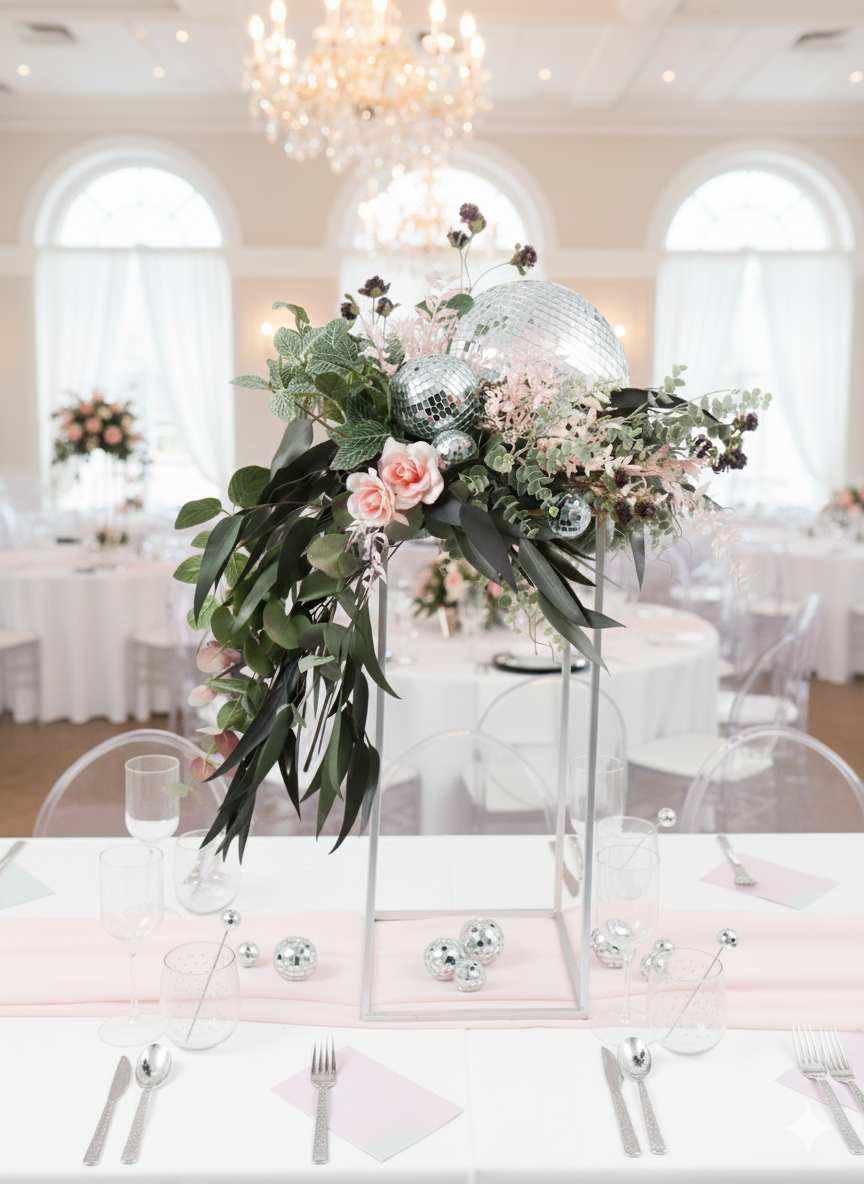 Silver Geometric Stand With Greenery, Pink Florals & Disco Balls