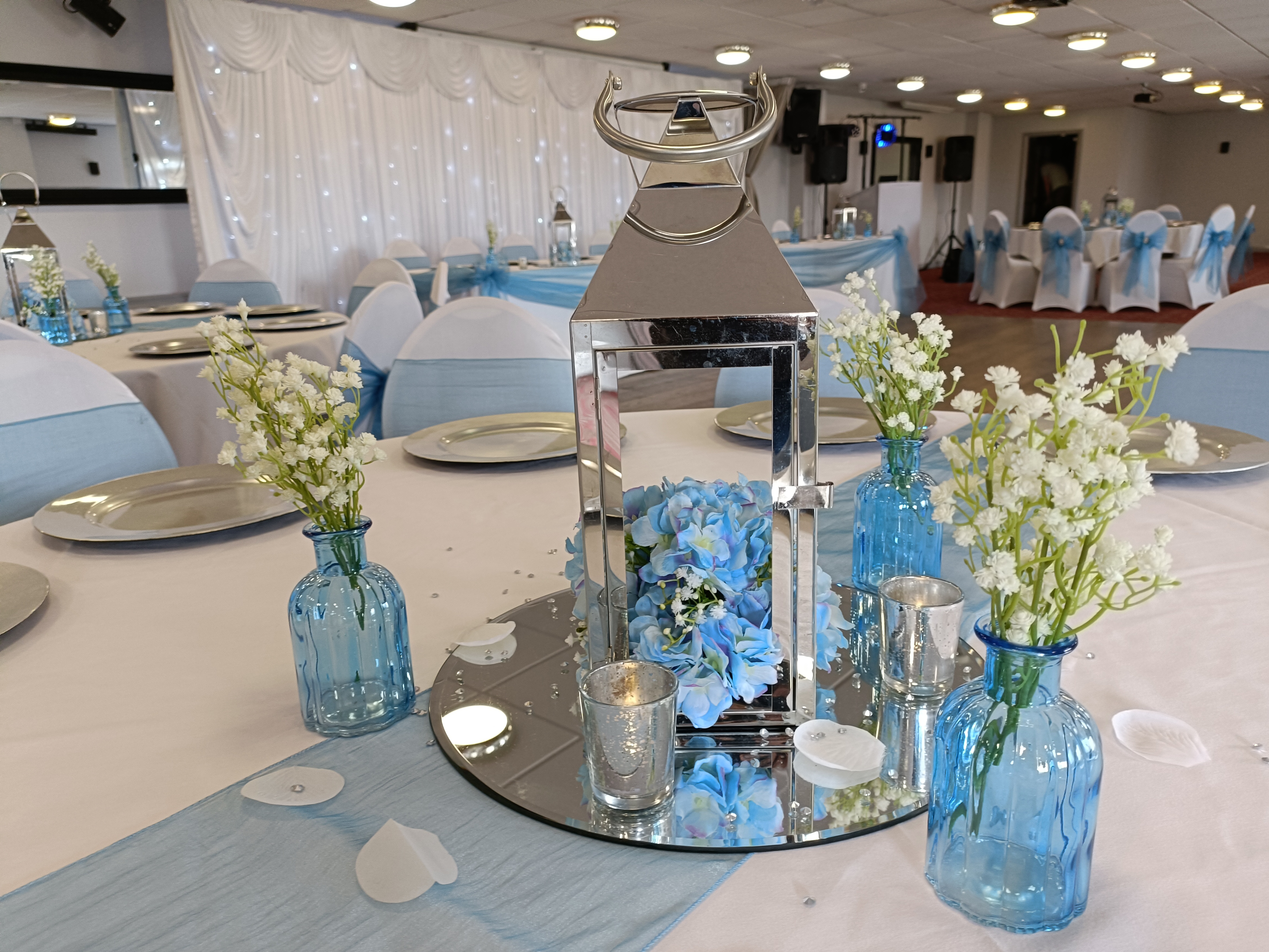 With Blue Hydrangea & Gyp & Additional Trio Of Blue Bottles with Gyp