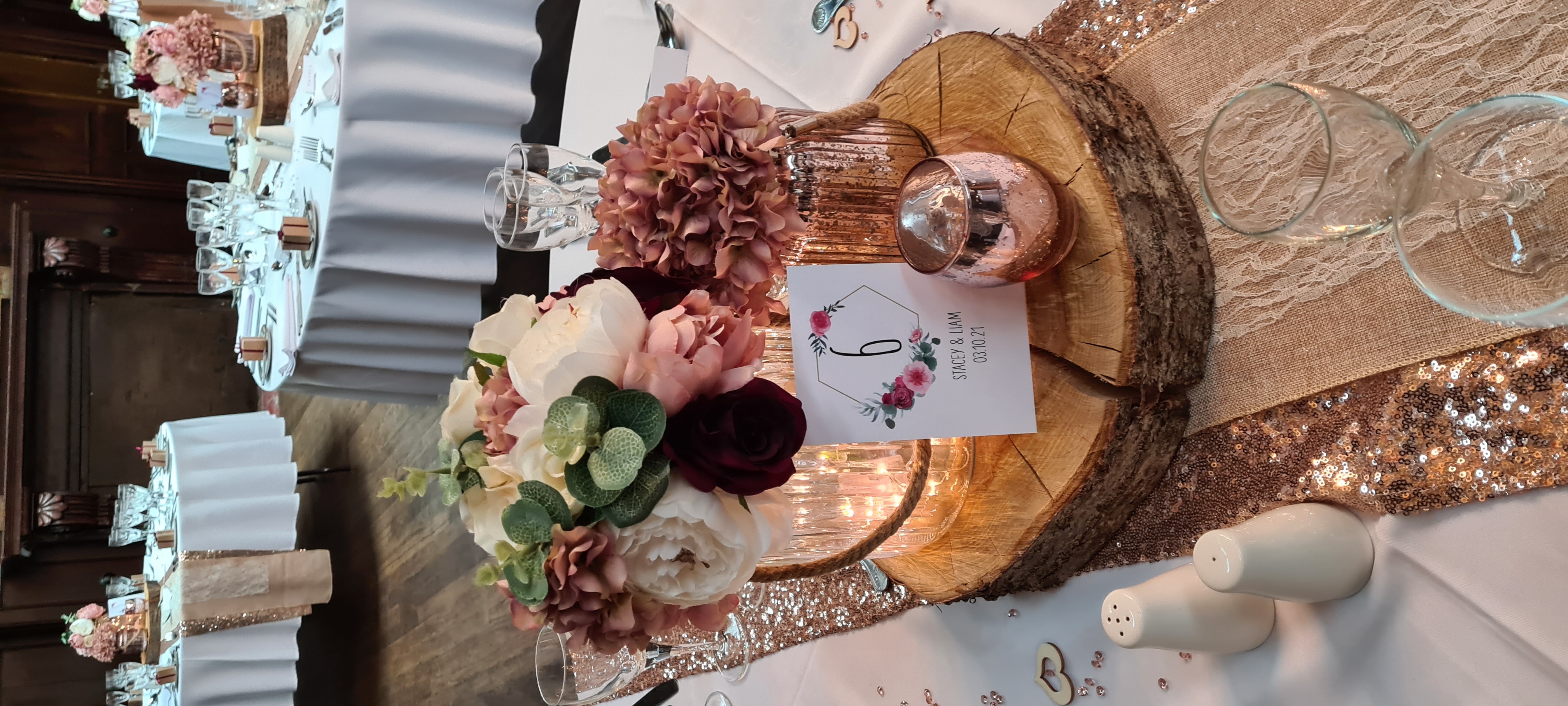 Rose Gold Mixed Trio With Artificial Ivory, Burgundy & Blush Rose & Hydrangeas 2nd Posy Of Hydrangea