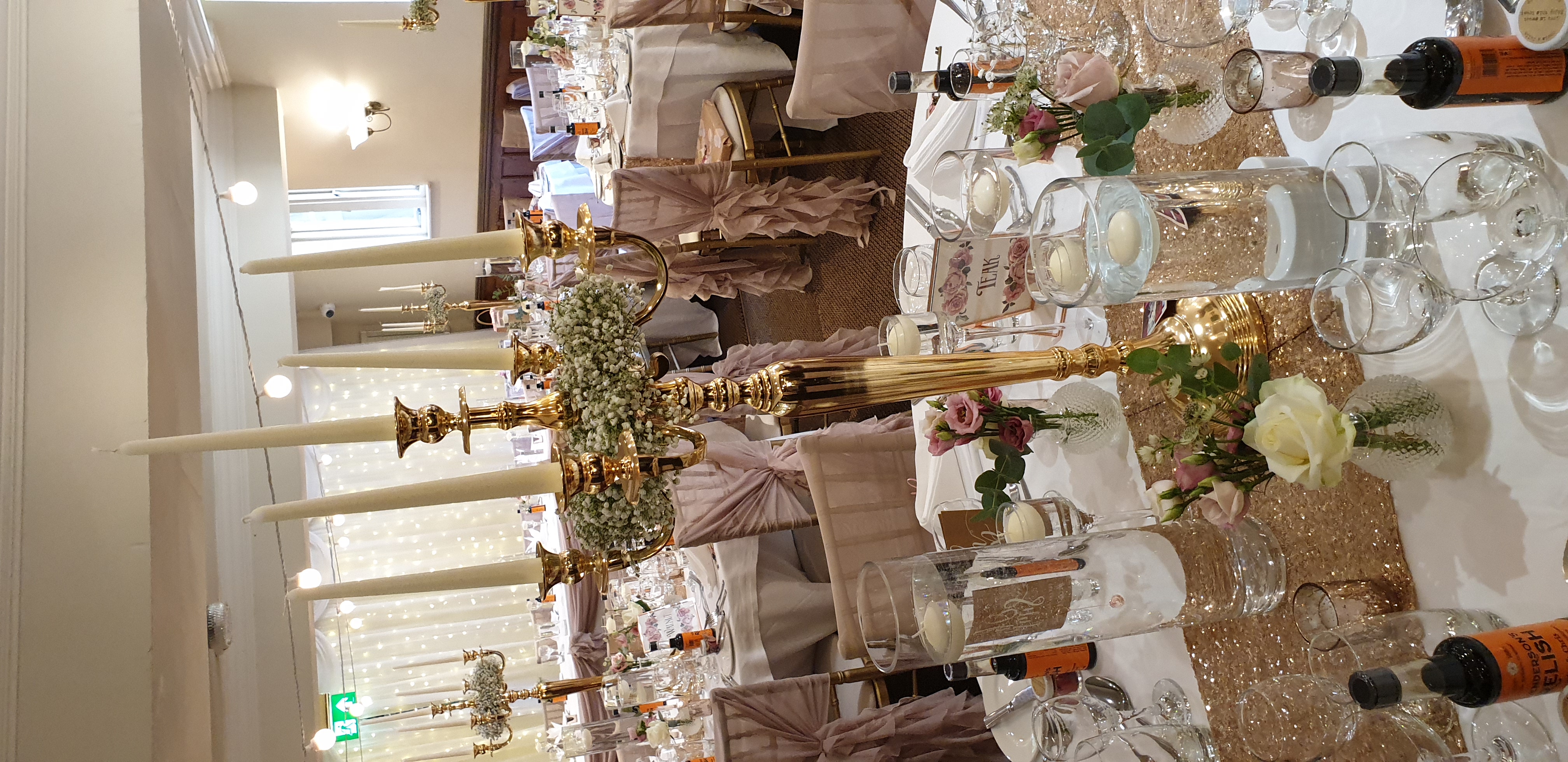 With Fresh Gypsophila, Additional Cylinder Vases & Additional Bud Vases With Fresh Flowers.