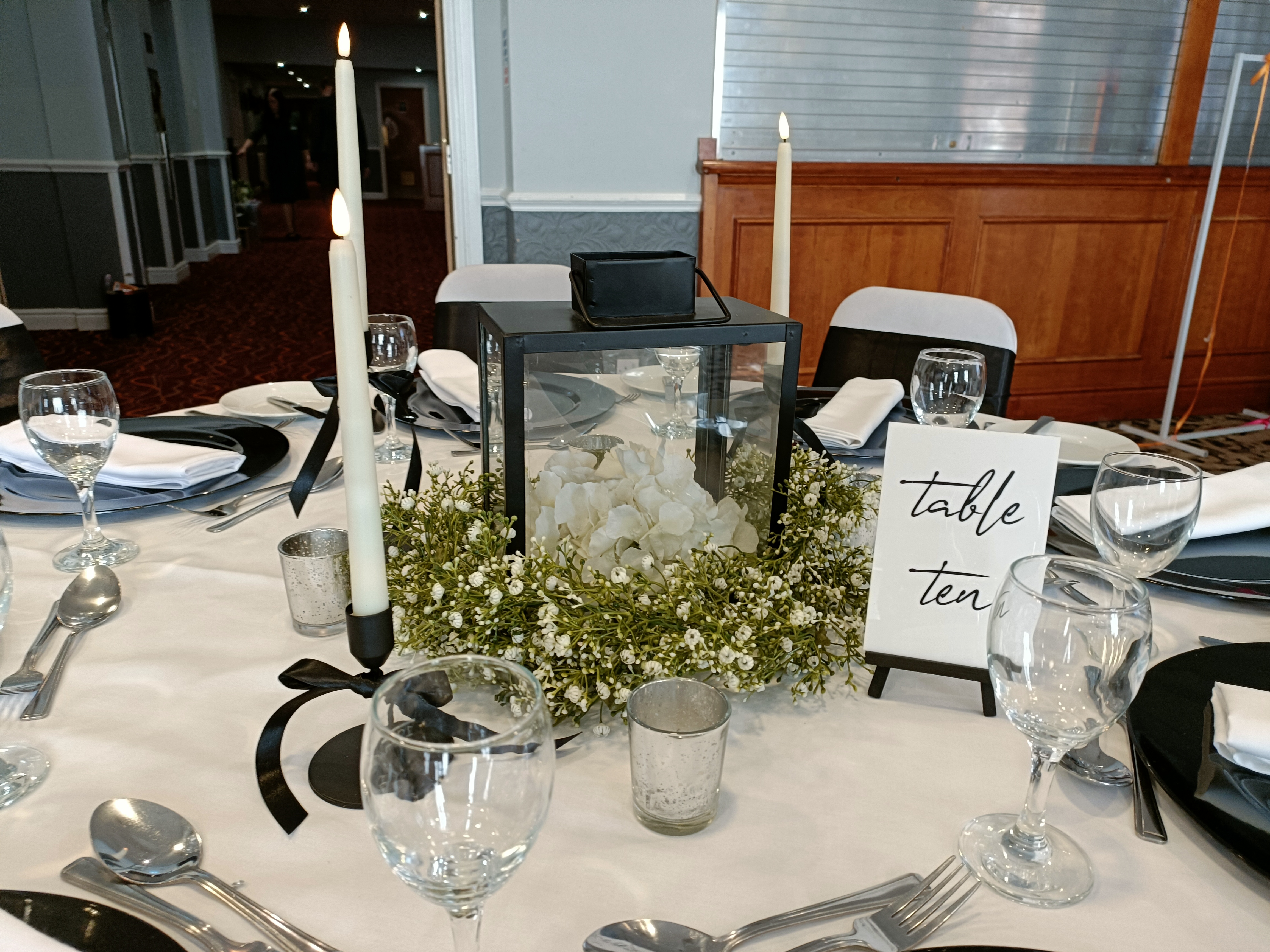 With Artificial Hydrangea, Gypsophila Wreath & Black Taper Candles 