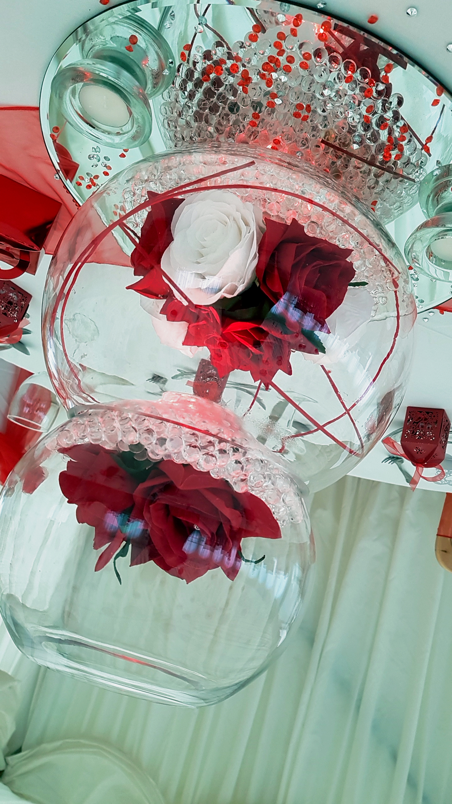 With Artificial Red & White Roses