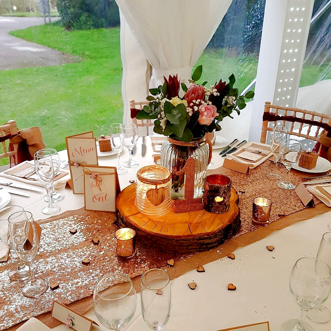 Rustic Mixed Trio Centrepiece With Fresh Protea & Burgundy & Blush Flowers.