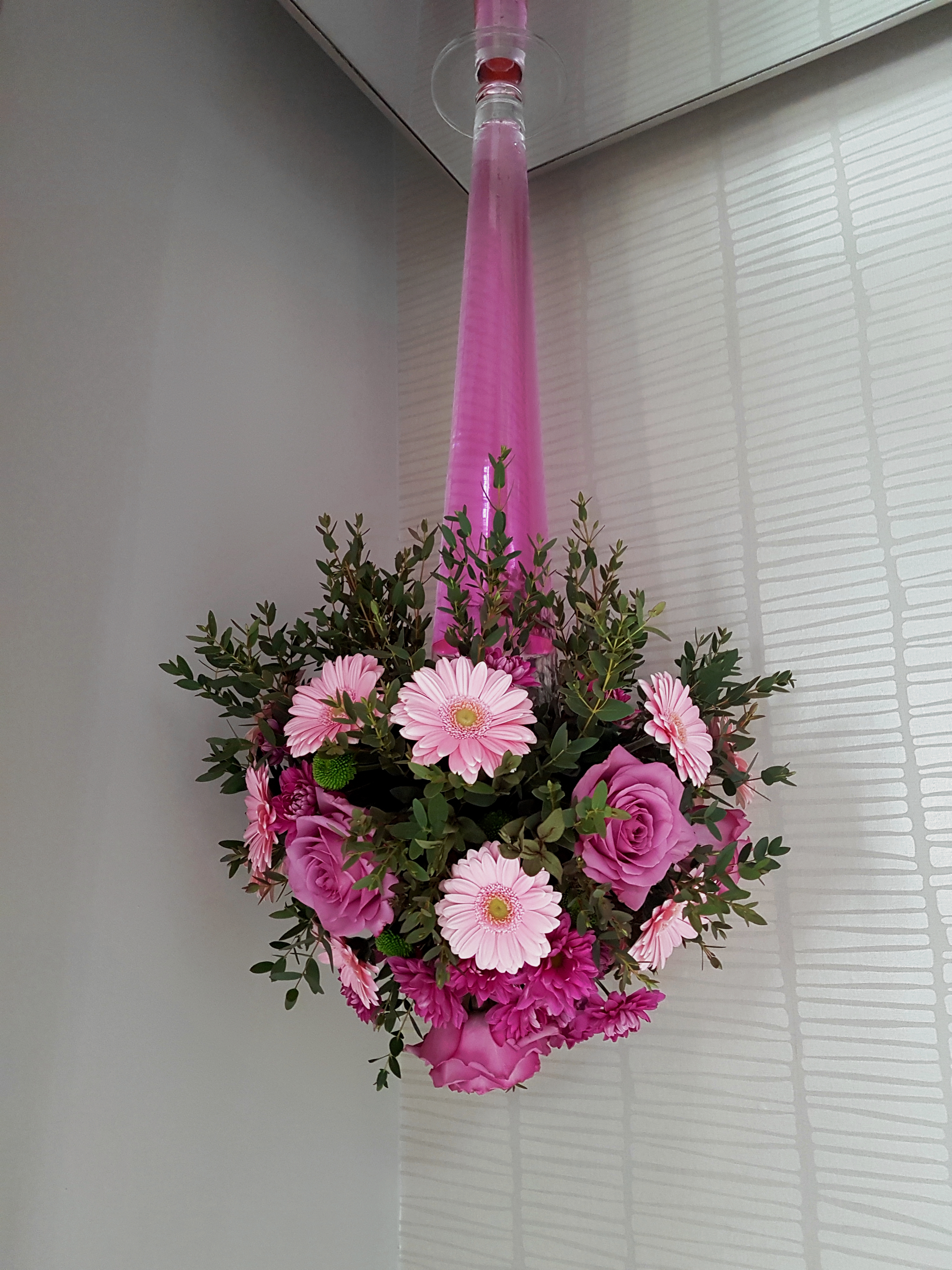 With Fresh Pink Gerbera & Roses & Eucalyptus.