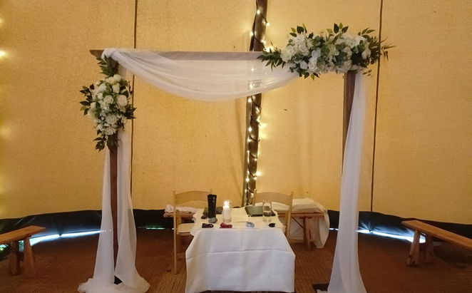 Rustic Arch With Drape & Two Artificial Floral Arrangements in Cream & Greenery
