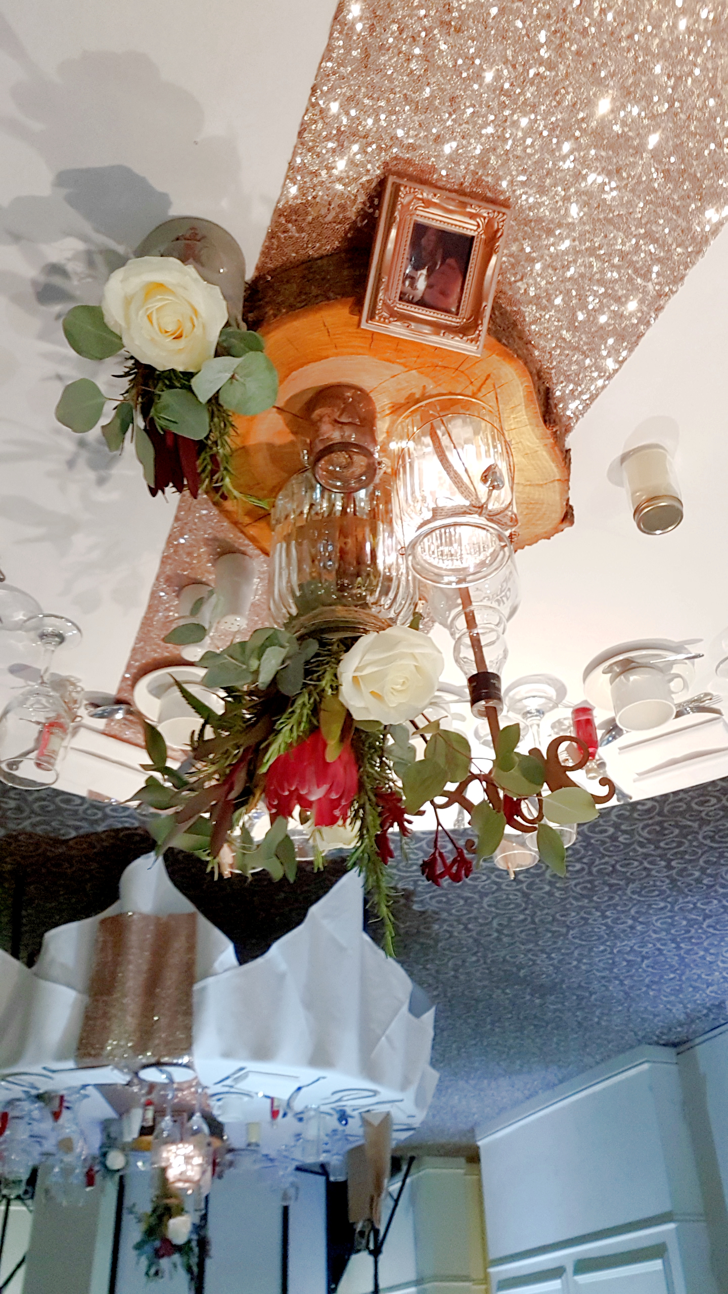 Rustic Mixed Quintet Centrepiece With Fresh Protea, Roses, Gypsophilia & Eucalyptus.