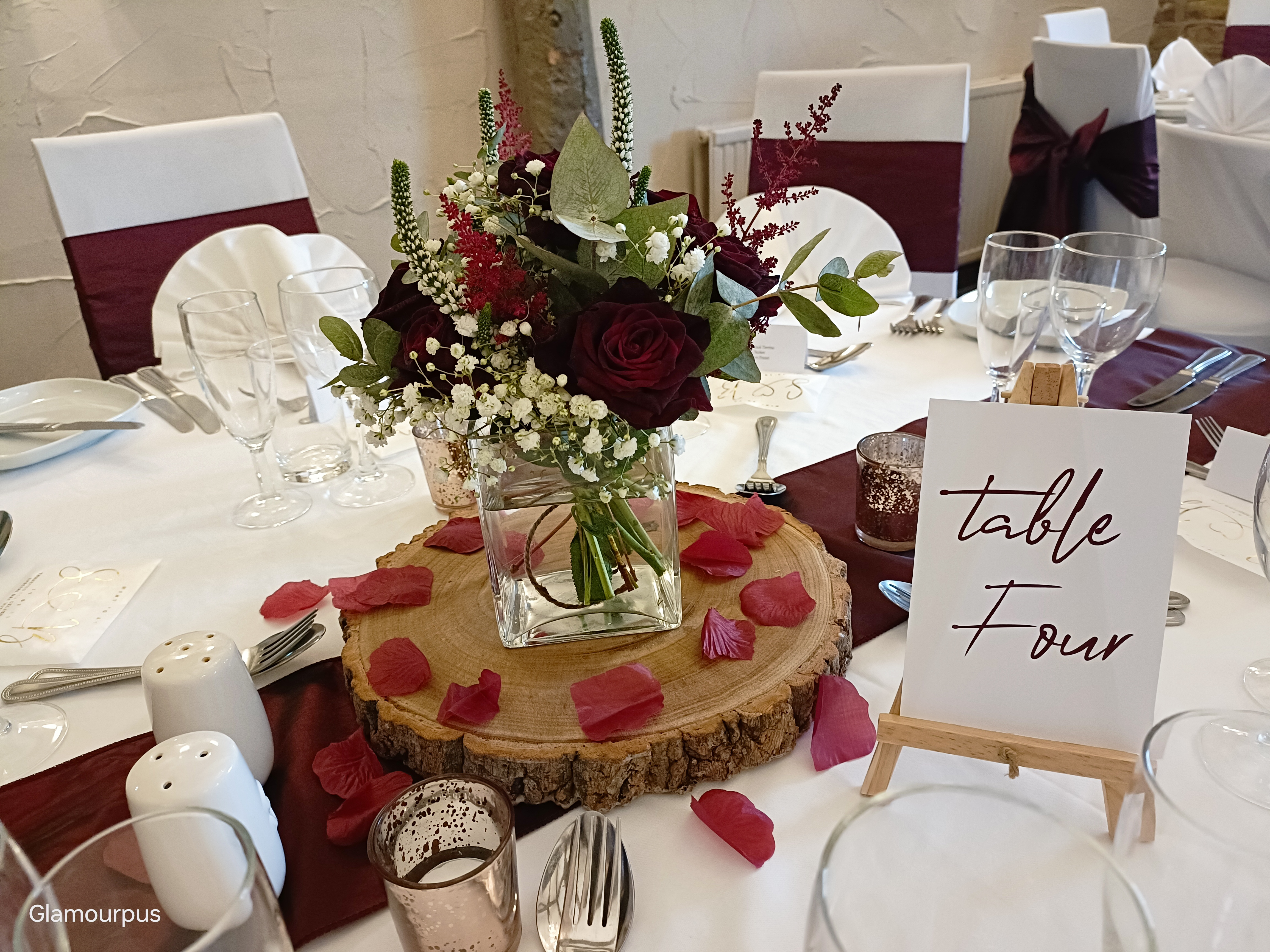 With Fresh White & Dark Red Mixed Flowers.