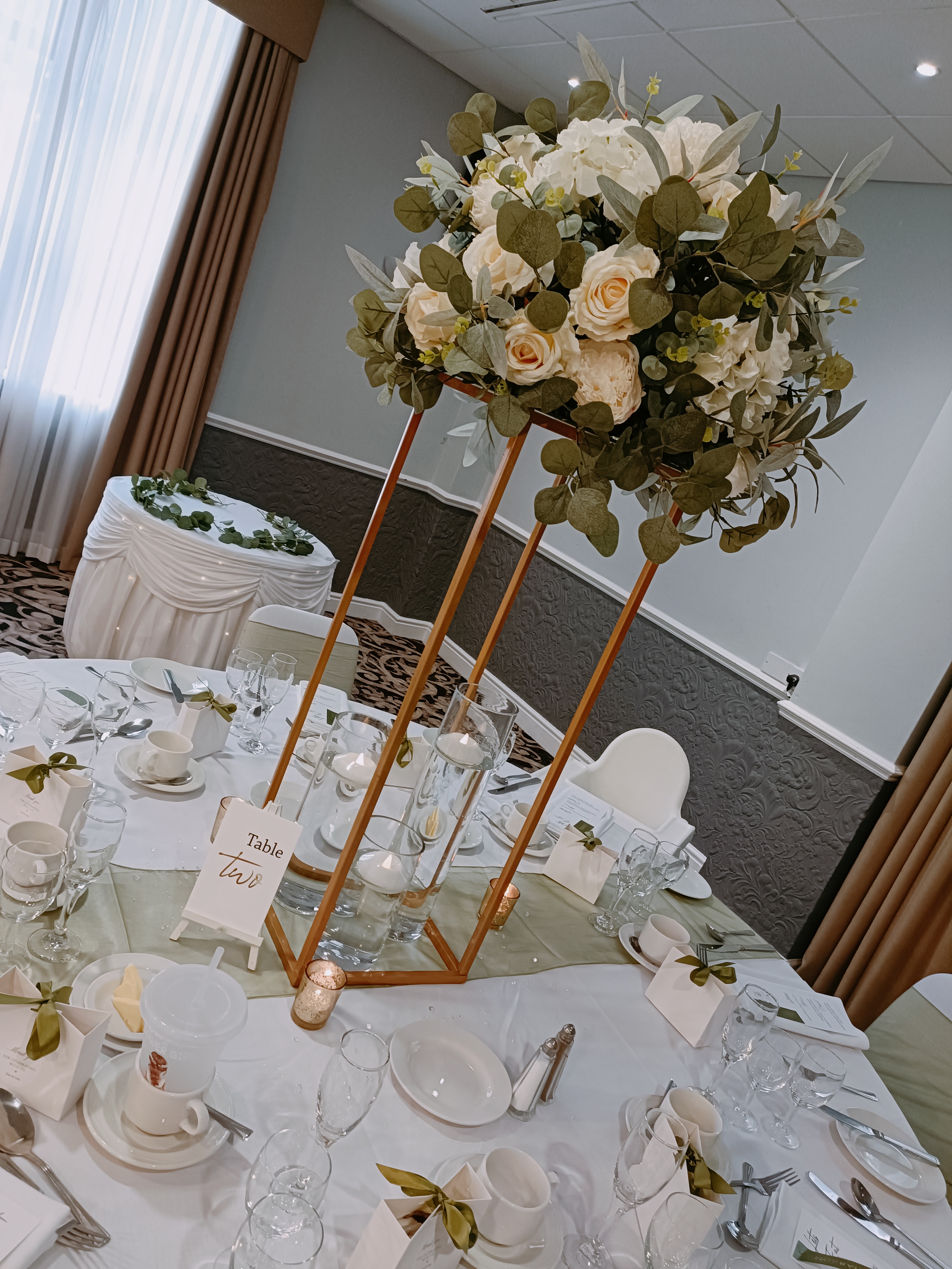 Gold Geometric Stand With Greenery & Ivory & Florals