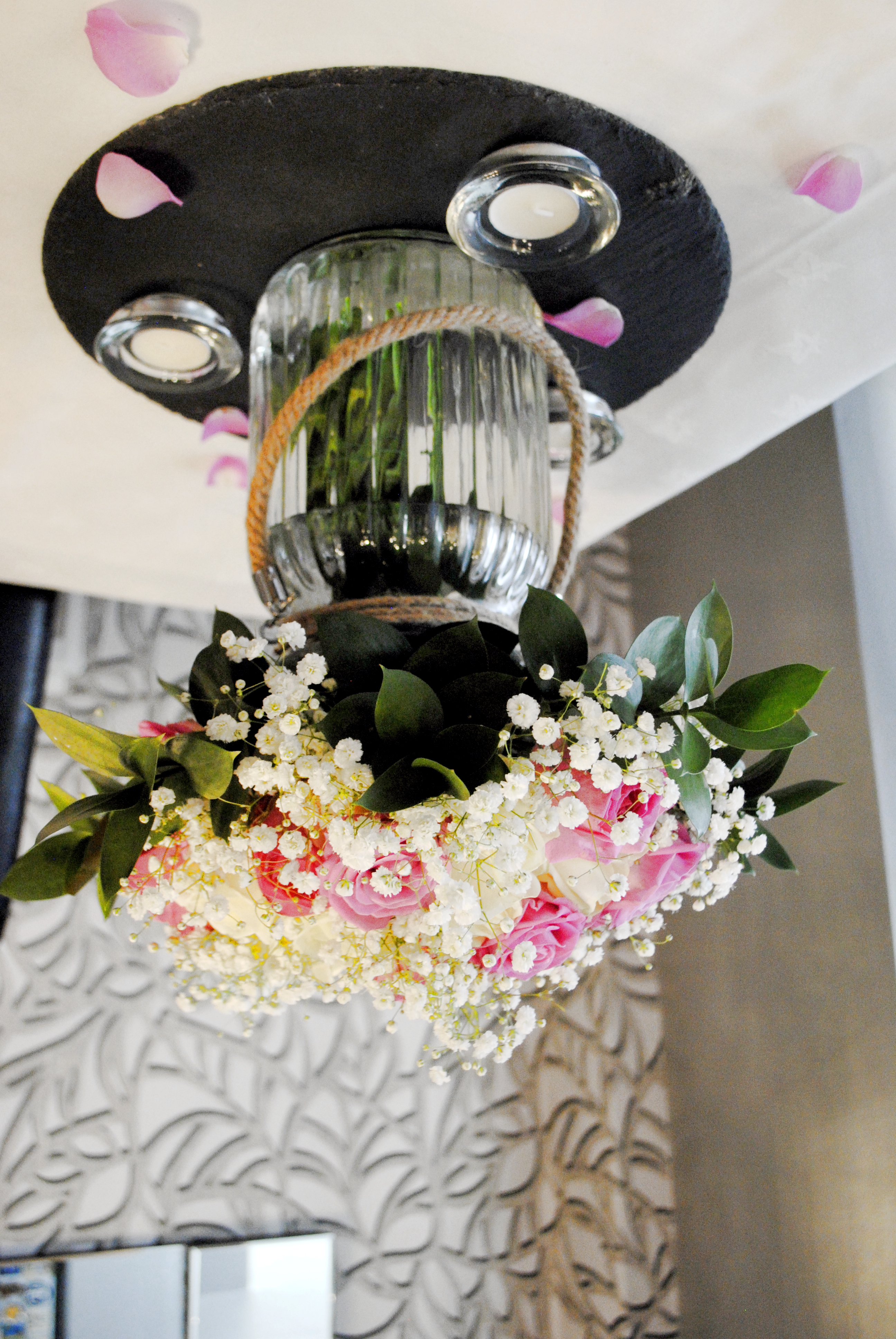 Twine With Fresh Ivory & Pink Roses Greenery & Gyp