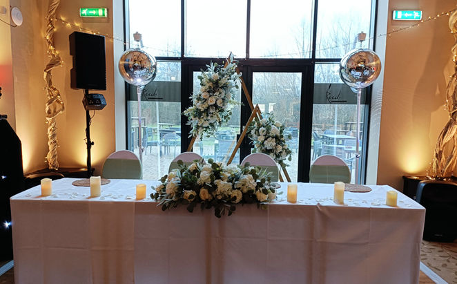 Rustic Triangle Arch With Two Artificial Cream & GreeneryArrangements