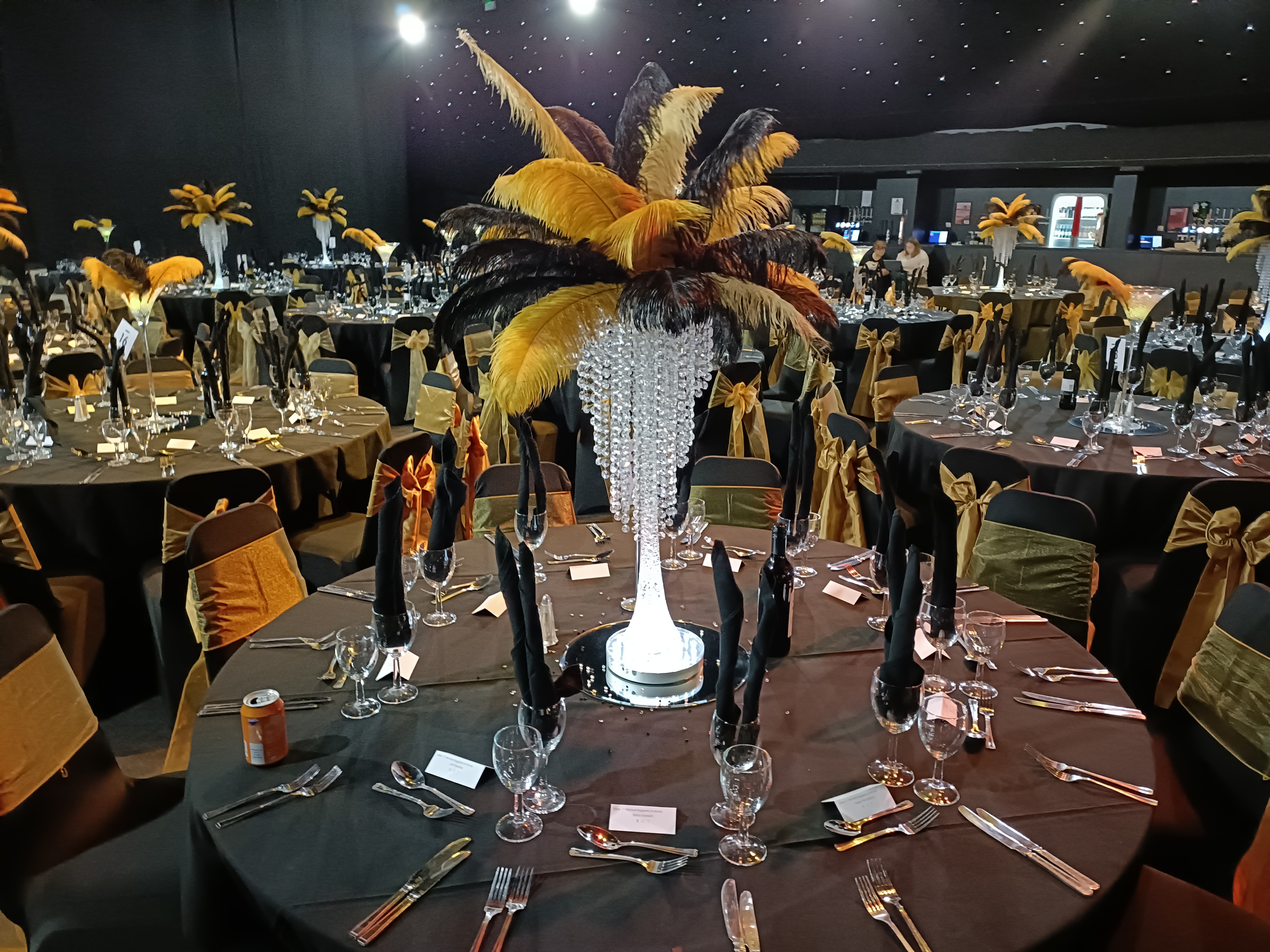 White, Black & Gold Ostrich Feather Centrepiece
