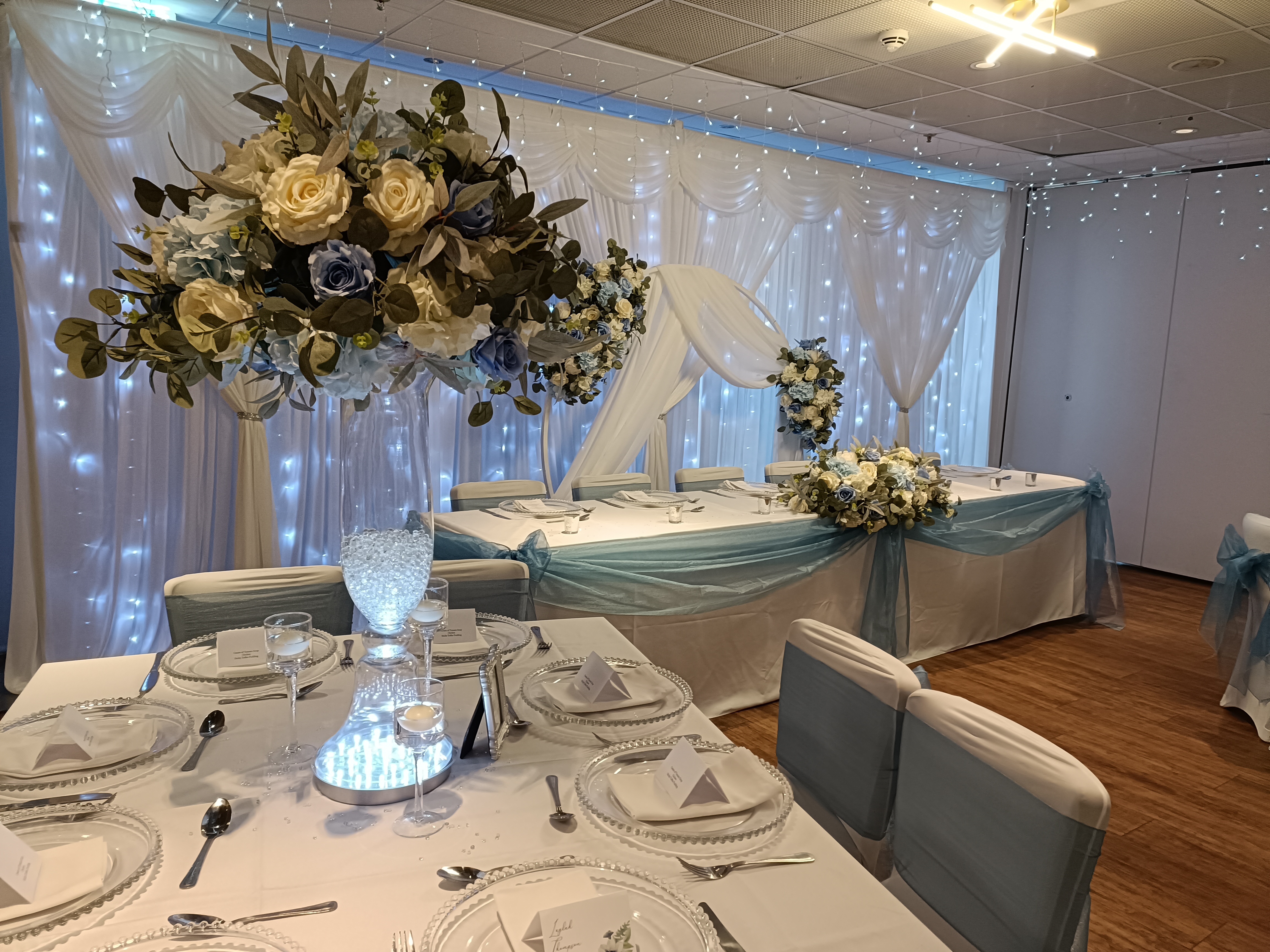 With Ivory & Blue, Rose, Peony, Hydrangea & Greenery Artificial Flower Bomb