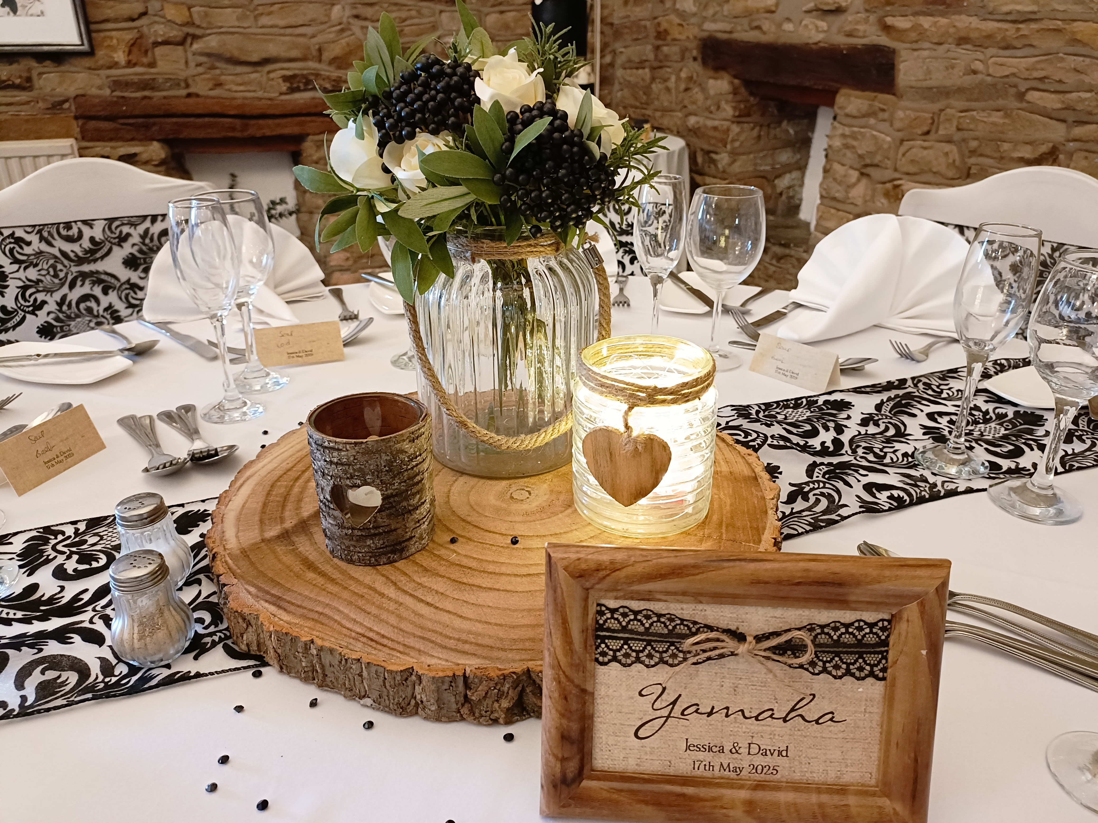 Trio Of Rustic Vases With Artificial Cream Rose, Greenery  and Blackberry Posy