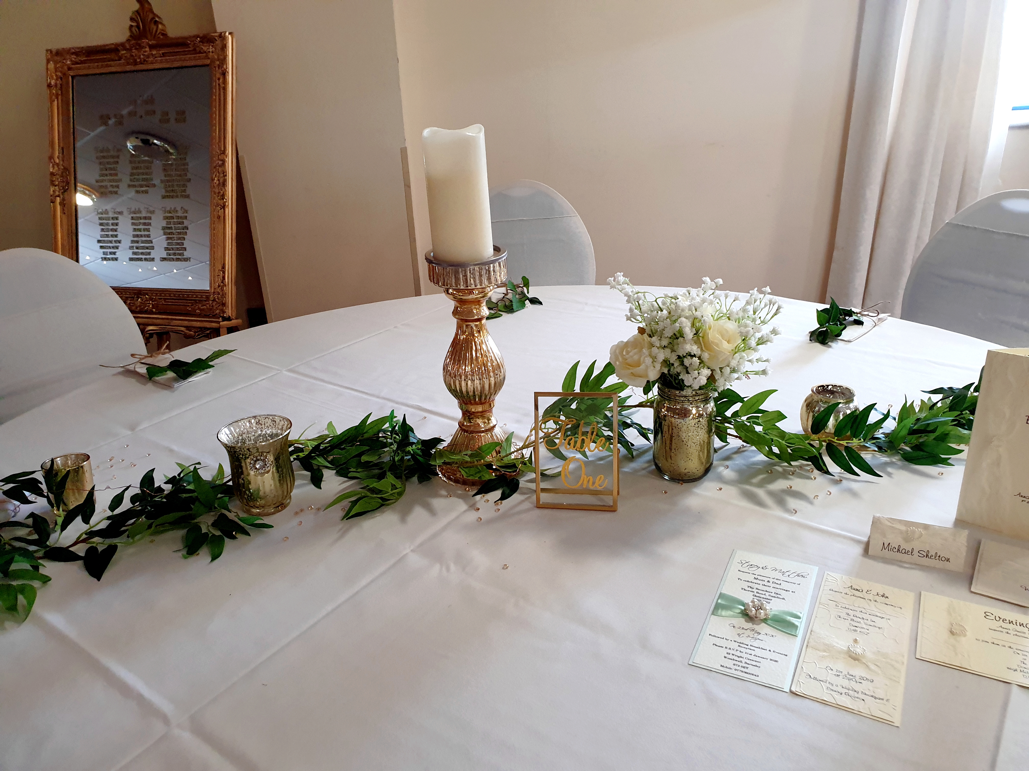 Gold Mixed Trio With Artificial Ruscus Garland, Ivory & Gypsophila Posy