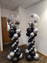 Black & Silver Mini Balloon Columns With Clear Gumball Star Toppers & Bespoke Vinyl Message